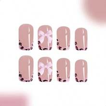 Short Press Pard French Tip False Nails With Pink Ossy Bow Design Ue On Nails Full Cover Stick On Nails 24Pcs-0345 - NudePink-1液體盎司(1包) - 查看 4