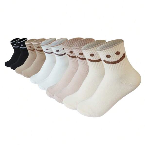 5 Pairs Women's Autumn/Winter Mid-Calf Socks, Comfortable Casual Smiling Face Design Socks