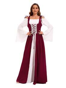 Conjunto de disfraz de época medieval y renacentista para mujer, con corsé retro y vestido, disfraz de princesa victoriana con vestido de tirantes y lazo de color contrastante - Burdeos - Ver 3