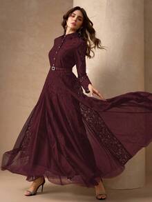 Elegant Women's Rhinestone Collar A-Line Mesh Patchwork Bodycon Dress Spring - Burgundy - View 6