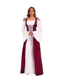 Conjunto de disfraz de época medieval y renacentista para mujer, con corsé retro y vestido, disfraz de princesa victoriana con vestido de tirantes y lazo de color contrastante - Burdeos - Ver 2