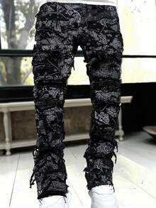 Fashionable Tassel All-Over Print Casual Slim Fit Jeans For Teenagers - Black - View 1