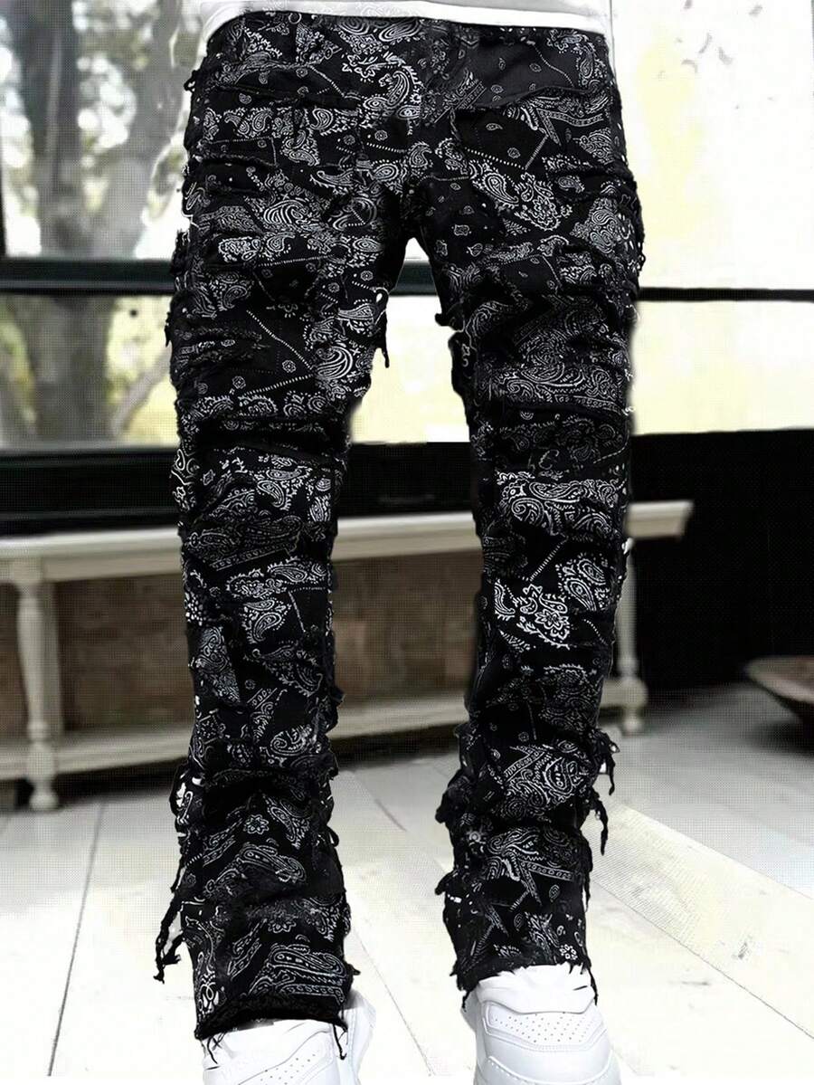 Fashionable Tassel All-Over Print Casual Slim Fit Jeans For Teenagers - Black - View 1