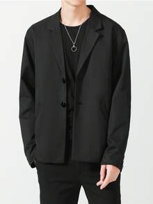 Tailored Jacket For Men, Autumn, Outerwear, Jacket, Long Sleeve, Light Outerwear, Suit Jacket, Telework, Business, Casual, Tailored Jacket, Loose Fit, Blazer, Black, Beige, White, Commuting, School, Telecommuting, Office, Blouson, Spring/Autumn, Autumn/Winter, Fashion - Black - View 2