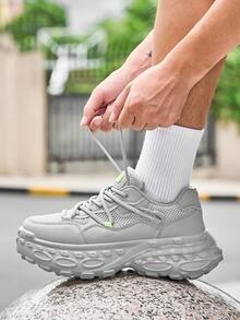 Men's Personalized Grey Patchwork Fashion Versatile Double Shoelace Niche Casual Sports Shoes, Street Style Comfortable Front Lace-Up Couple Running Shoes With Octopus Foot Design - Grey - View 8