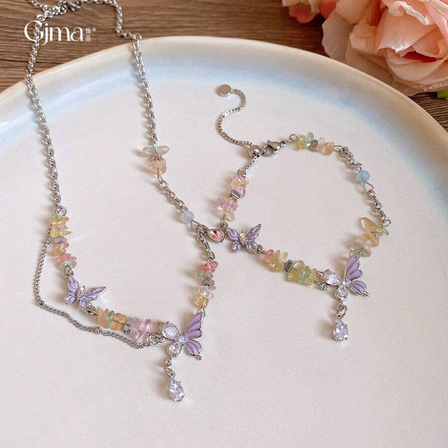 1 Piece Colorful Crystal  Butterfly Titanium Steel Necklace Forest Style Super Fairy Sweet Exquisite Versatile Jewelry Suitable For Vacation Party Banquet And Other Occasions - 手鍊-彩色 - 查看 1