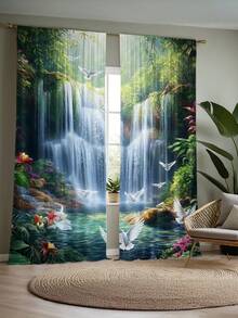 2pcs Nature Style Waterfall & Forest Landscape Blackout Curtains, Polyester, With Rod Pocket, Modern Design, Machine Washable, Suitable For Bedroom And Multiple Rooms - Multicolor 2 - View 7