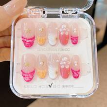 10Pcs/Set Summer Kawaii Short Round Press On Nails - Japanese Sweet Style Square Shape With Shell Accents, Beach Holiday Design, Internet Celebrity Viral Fake Nails For Back To School & July Nail Art Nail Supplies Nails - Multicolor - View 10