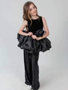 Tween Girl 2 Pieces Sleeveless 3D Floral Tulle Party Dress Set, Suitable For Girls Birthday Party, Wedding, Bridesmaid, Holiday Celebration - Black - View 6