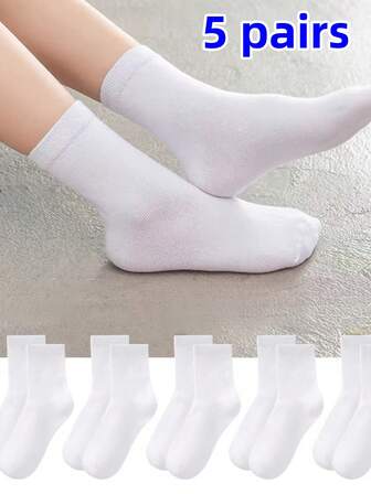 5 Pairs New Back To School White Student Socks, Latin Dance Socks For Boys And Girls, Children's Dance Socks Mid-Calf Socks, School Uniform Socks, Outdoor Sports Socks For Teenagers, Suitable For 3-5-7-10-12 Years Old Kids, All Seasons
