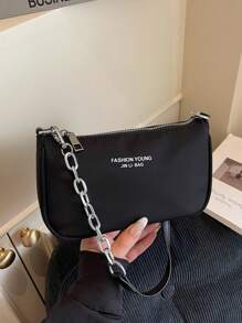 时尚休闲字母装饰涤纶材质拉链单肩包，简约便携斜挎包，适合女性购物、工作、外出和日常使用 - 黑色 - 查看 6