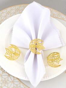 6pcs Rhinestone Hollow Star & Moon Gold Napkin Rings, Suitable For Holiday Table Decor, Banquet Napkin Holders, Minimalist Napkin Rings - Multicolor - View 4