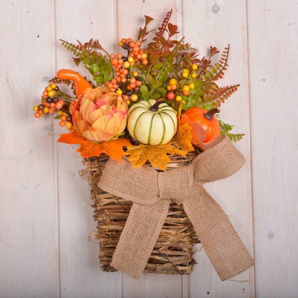 1pc Autumn Wreath Basket, Autumn Front Door Wreath, Faux Peony, Pumpkin, Maple Leaves And Berries, Hanging Autumn Basket Wreath, Suitable For Thanksgiving, Halloween, Harvest Season Home Decor