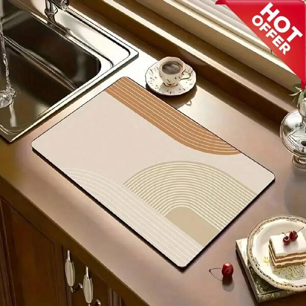 Ein geometrisch gemusterter Linien-Stil Abtropfmatte, Diatomeen-Schlamm Küchen-Abtropfmatte, Schüssel- und Tellertrocknungspad mit blassresistenter Oberfläche, die einen weichen und angenehmen Griff bietet. Unterstützt Maschinenwäsche für einfache Reinigung, leicht und tragbar, waschbare Stange wasserabsorbierende Matte, Wärmeisolationspad, Tischplattenschutz, Heim-Küchen-Esszimmer-Dekoration und Geschirrzubehör.