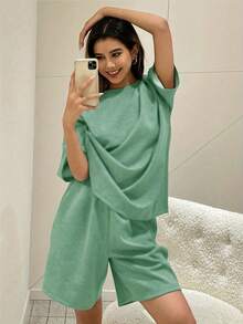 2件套女士纯色圆领短袖短裤休闲家居服套装夏季优雅 - 綠色 - 查看 3