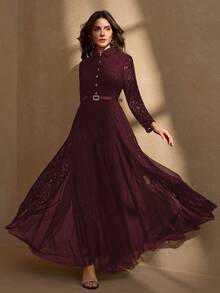 Elegant Women's Rhinestone Collar A-Line Mesh Patchwork Bodycon Dress Spring - Burgundy - View 3