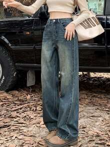 复古蓝色宽松高腰直筒牛仔裤，适合春秋季女士