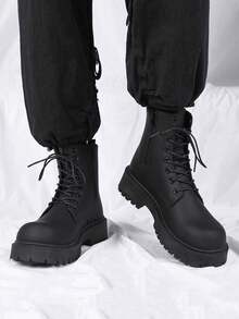 男士新款黑色英伦摩托车靴/工装靴/高帮软皮防水休闲皮靴 - 黑色 - 查看 6