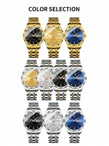 NARY 男士高端手表，休闲商务石英表，带日期和星期显示，不锈钢表带，水晶镶嵌表盘，适合日常佩戴、节日礼物、商务活动和聚会 - 藍色 - 查看 11