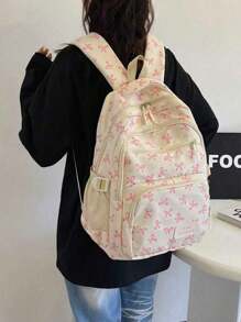 Set de 3 mochilas plegables resistentes al agua con estampado de lazo en nailon beige, con múltiples bolsillos, adecuadas para adolescentes, estudiantes de secundaria/universidad, mujeres para uso diario, escuela, entrenamiento, viajes, regalos de San Valentín (las letras de etiqueta pequeñas son aleatorias)