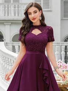 MIUSOL Floral Lace High Neck Side Ruffle Chiffon Cocktail Party Swing Dress - Maroon - View 8