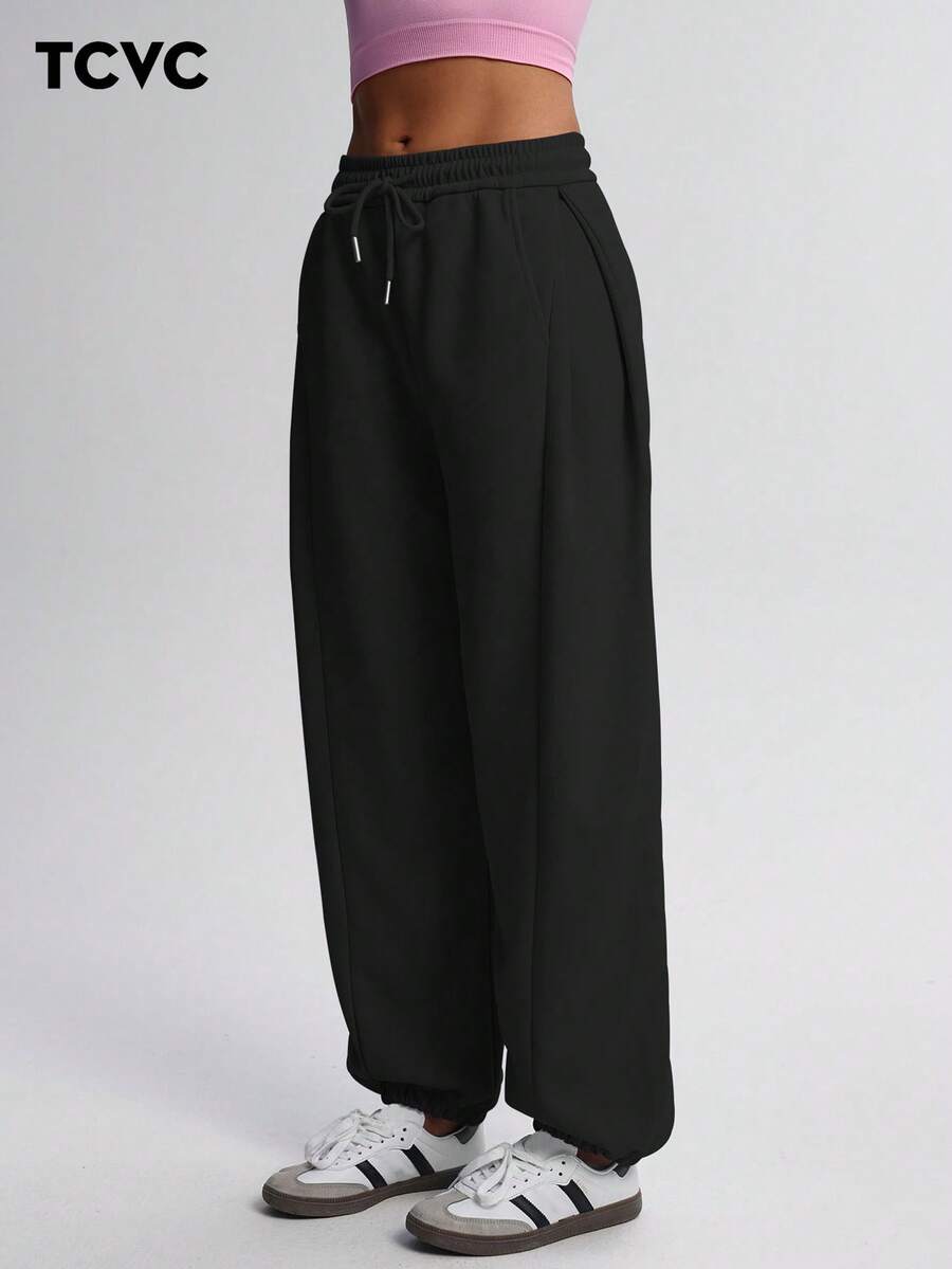 TCVC Women'S Casual High Waist Drawstring Loose Jogger Pants, High Elastic Waistband, Relaxed Fit Fall Sports Black - Black - View 1