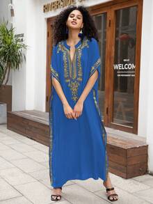 蓝色刺绣长袍，女士家居服 - 藍色 - 查看 5