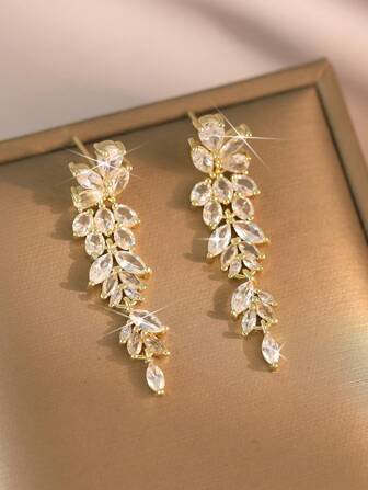 1pair Gorgeous Shining Water Drop Leaf Shaped Long Earrings Birthday Dating Holiday, Travel For Women Copper Cubic Zirconia Gift Jewelry