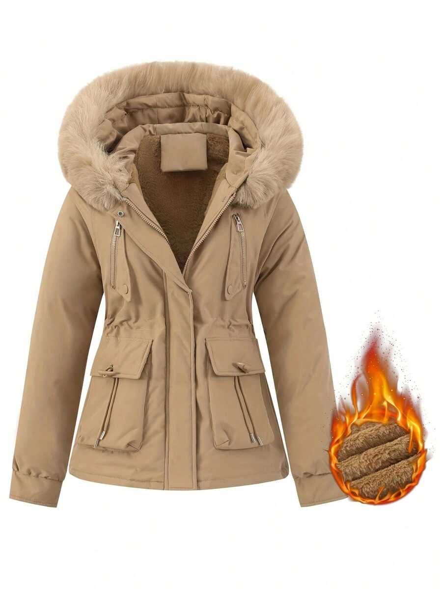 Women's Thicken Thermal Lined Parka Winter Warm Coat Adjustable Waist Rope Hooded Zip-Up Jacket With 2 Pockets 2 Fake Pockets,Skiing