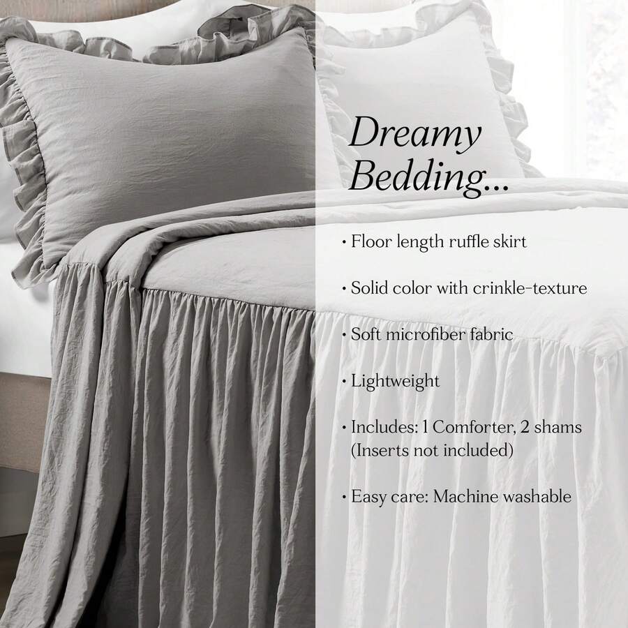 Lush Decor Ruffle Skirt Bedspread 3 Piece Set, Queen, Navy - Blue Queen Bedding - Ruffled Bedspread - Vintage Farmhouse Decor Halloween-Fall Decor-Room Decor - Abu-abu Tua - View 1