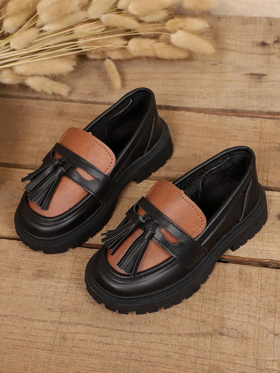 1 Pair Black And White Color Block Children's Shoes, Soft And Comfortable PU Material, Round Toe, Thick Sole, Height Increasing, Fashion British Style Casual Loafers, Suitable For Boys And Girls Students, Daily School, Vacation, Travel, Outdoor Wear, Autumn/Winter New Style - Brown - View 1