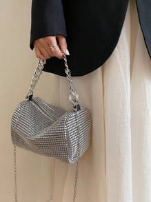 Shiny Rhinestone Hollow Metal Chain Decor Zipper Closure Women's Shoulder Bag