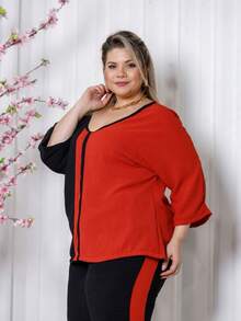 Maison Raglan Sleeve Blouse And Plus Size Summer Pants Set - Terracotta - View 5
