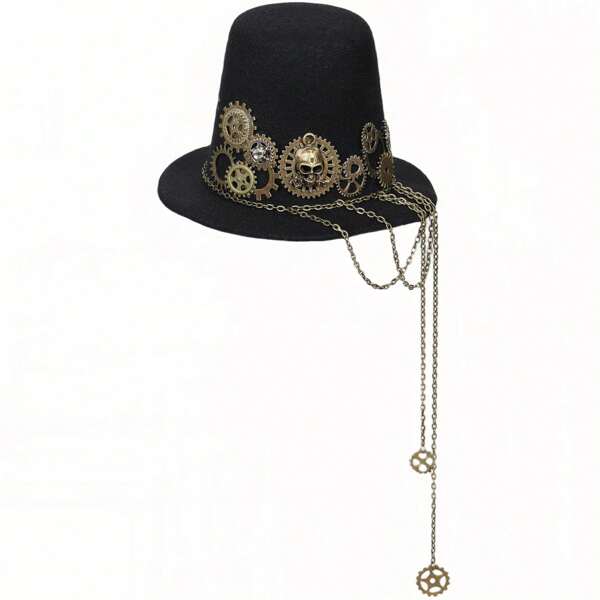 Steampunk Mini Top Hat, Hair Clip Hat, Mechanical Gear Chain Skull Punk Elements, Black Mini Top Hat, Vintage Accessories Party Hat, Halloween Cosplay Prop, Photography Prop