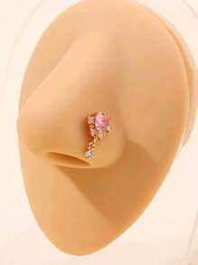 1 件粉色 L 型鼻钉，时尚可爱简约水钻心形鼻环，适合女性日常佩戴鼻环饰品