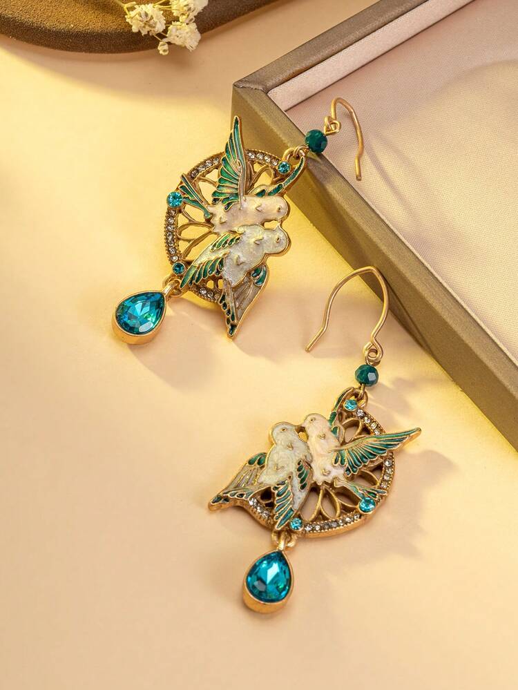 1 par de pendientes con forma de pájaro con incrustaciones de strass en tono dorado, pendientes de pájaro con patrón vintage esmaltado, pendientes de pájaro de cristal de lujo en tono dorado - Multicolor - Añade 1