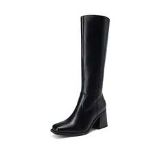Women's Square Toe Knee High Boots Chunky Heel Side Zipper  Classic Solid Color Fashionable Y2K Party Tall Boots - 黑色 - 查看 7