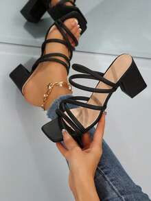 Women's Black Square Toe Slip-On Chunky Heel Sandals, Casual, Minimalist, Elegant, Versatile High Heel Sandals For Daily Wear - Black - View 1