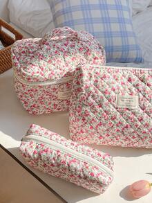 1 chiếc túi đựng mỹ phẩm chần bông đa năng in họa tiết hoa hồng đỏ, túi trang điểm thời trang thường ngày dung tích lớn có khóa kéo, túi đựng văn phòng phẩm du lịch, túi trang điểm thiết yếu cho kỳ nghỉ, túi đựng đồ, túi trang điểm, vật dụng cần thiết khi đi du lịch - Hồng - Xem 5