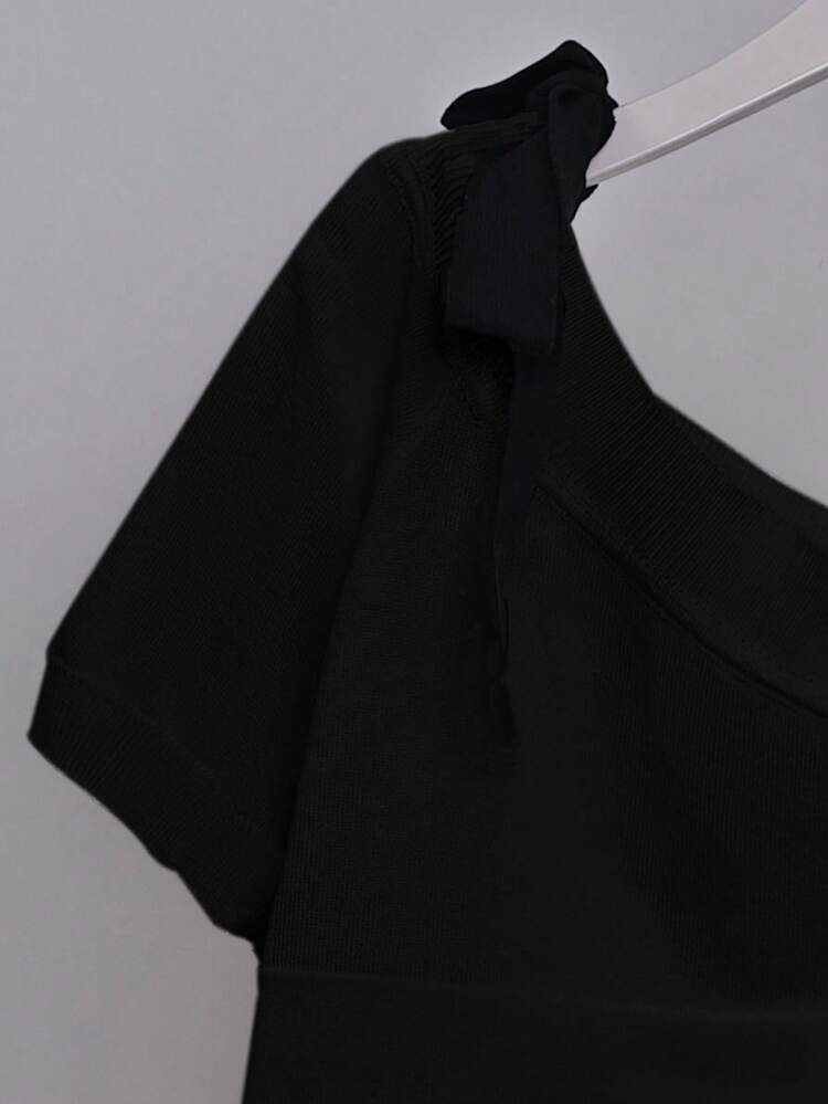法式不对称领口短袖针织上衣，设计感十足的修身夏季衬衫 - 黑色 - 查看 9