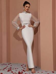 Elegantes, handgefertigtes Strass- und glänzendes Diamant-Dekor Organza Langarm Slim Bandage Kleid, geeignet für Dates, Singles-Partys, Partys, Tanzen, Abschlussfeiern, Abendveranstaltungen, Hochzeiten, formelle Anlässe, Abendkleider