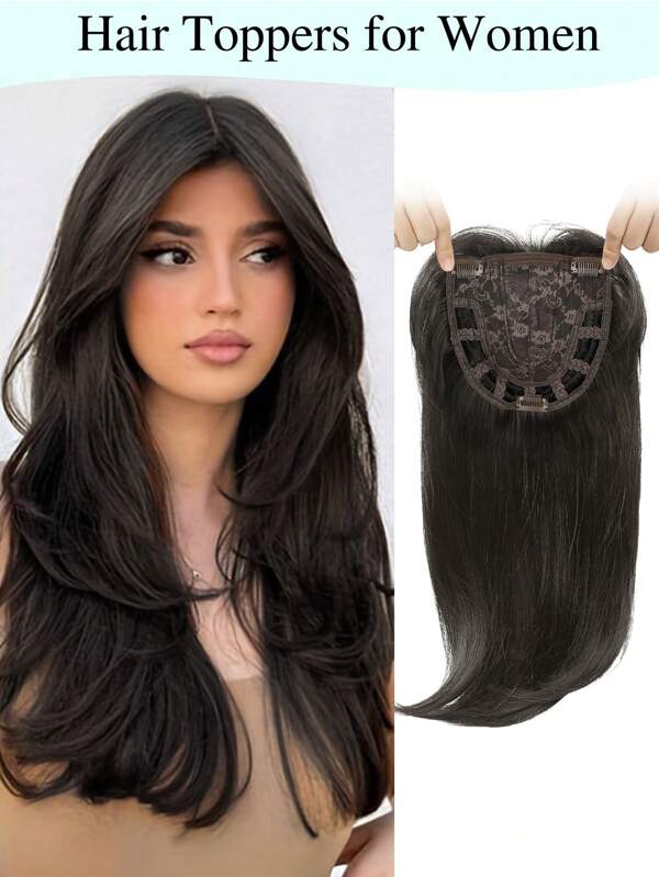 Haarstuk, 18 inch lange gelaagde haarstukjes voor vrouwen met dunner wordend haar, voeg volume toe, synthetische pruikjes, lange clip-in kanten haarstukjes met natuurlijke pony's aan de zijkanten voor dagelijks gebruik.