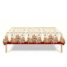 1 pieza Mantel de plástico con tema navideño, 137*220cm Cubierta de mesa para fiesta de Navidad - Diseño de hombrecillo de jengibre y árbol de Navidad | Mantel de plástico desechable, decoración de mesa de comedor navideña, decoración navideña