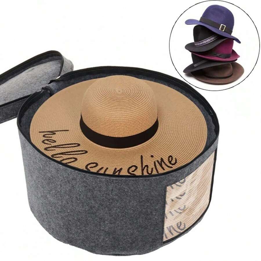 1pc Foldable Round Hat Storage Box, Stackable Dustproof Hat Organizer, Portable Cowboy Hat Container, Grey Travel Hat Case For Wardrobe Closet Home & Outdoor Trip Use - Multicolor - View 1