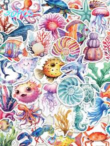 SCXXBSW 50pcs Water Color Marine Creatures Creative Fun Exquisite Stickers DIY Decorative Skateboard Phone Case Guitar Waterproof Stickers - Multicolor - View 2