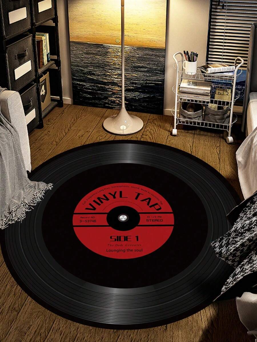 Plush Black Vinyl Record Computer Chair Desk Mat Bedroom Hanging Basket Round Carpet Children Non-Slip Floor Mat Living Room Coffee Table Mat ,Room Decor