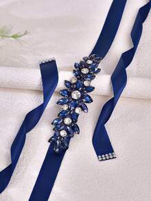 1pc Full Crystal Bridal Sash, Formal Dress Waist Accessory, Bridesmaid Waist Belt - Navy Blue Ribbon - View 8