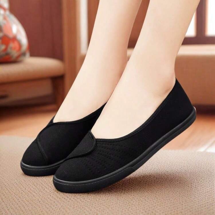 女士帆布鞋、平底运动鞋、休闲百搭工作鞋、户外鞋、护士鞋、轻便便鞋 - 黑色 - 查看 1