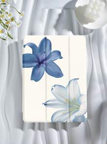 Blue And White Lily Pattern Tablet Case, Compatible With Pad 9.7/10.2/10.5/10.9/12.9/Pro 11, 10th Generation, Compatible With Samsung Galaxy Tab S6 Lite 10.4-Inch, Compatible With Kindle Paperwhite 12th Gen 2024, Kindle (11th Generation) 2022 Version, Soft And Drop Resistant, Intelligent Standing/Automatic Wake-Up/Sleep