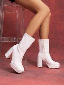 Women's Chunky Platform Mid-Calf Boots Waterproof Square Toe Fashionable Lightweight Comfort Elegant Bright Solid Color Side Zipper Classic For Parties Dress Festival Ankle Go Go White Boots - 白色 - 查看 7